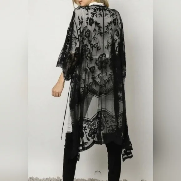 New Beautiful Vintage Look Floral Lace Kimono Duster Cover Up Black